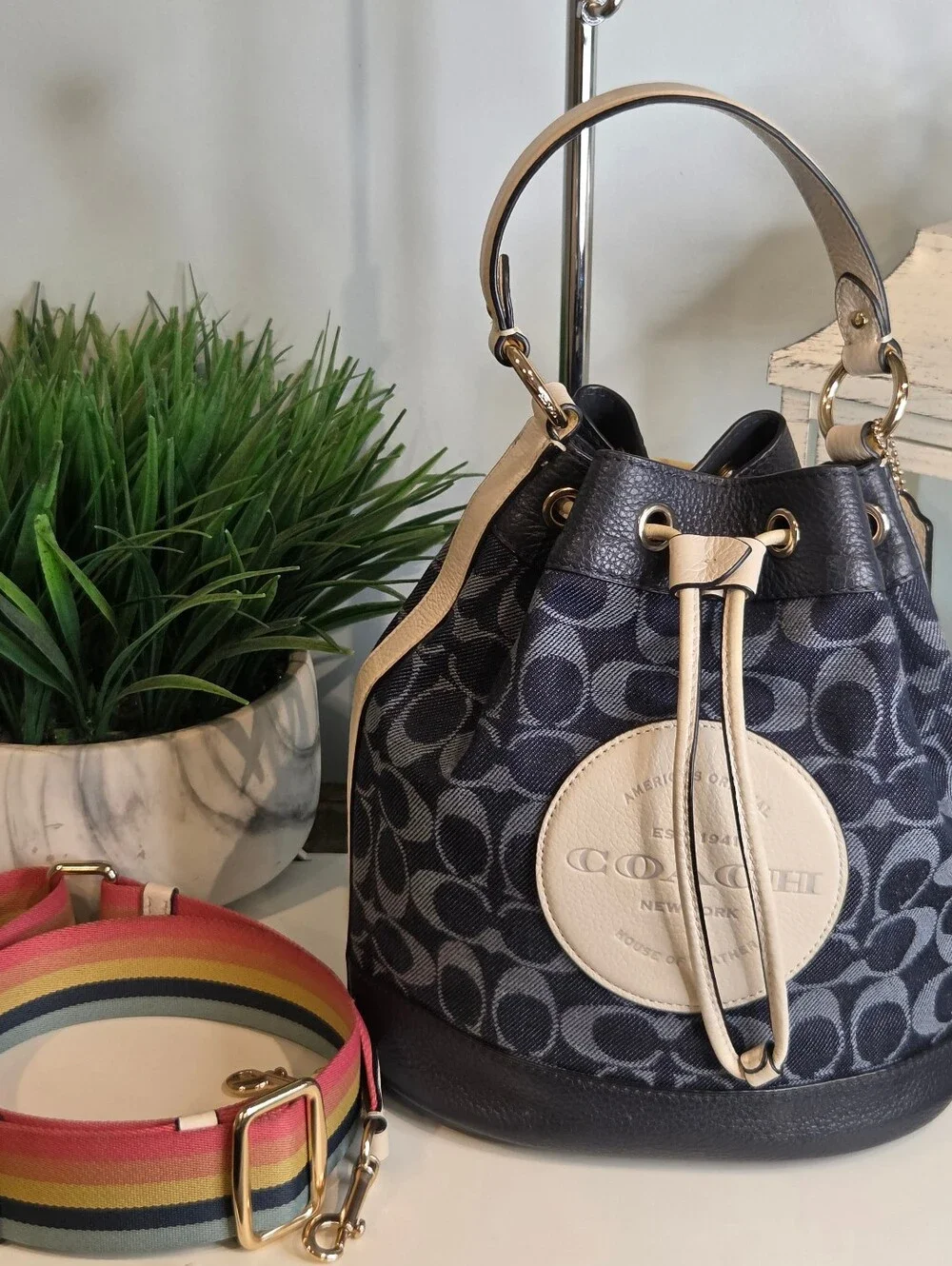 Coach Dempsey Drawstring Bucket Bag in Signature Denim